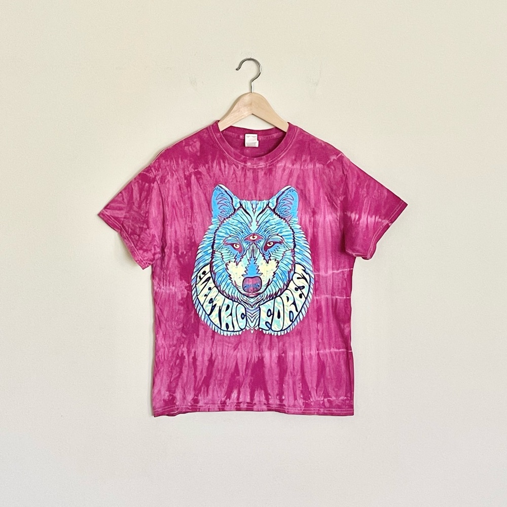 Electric Forest Music Festival Tie Dye Wolf Graphic Pink T Shirt Adult Medium